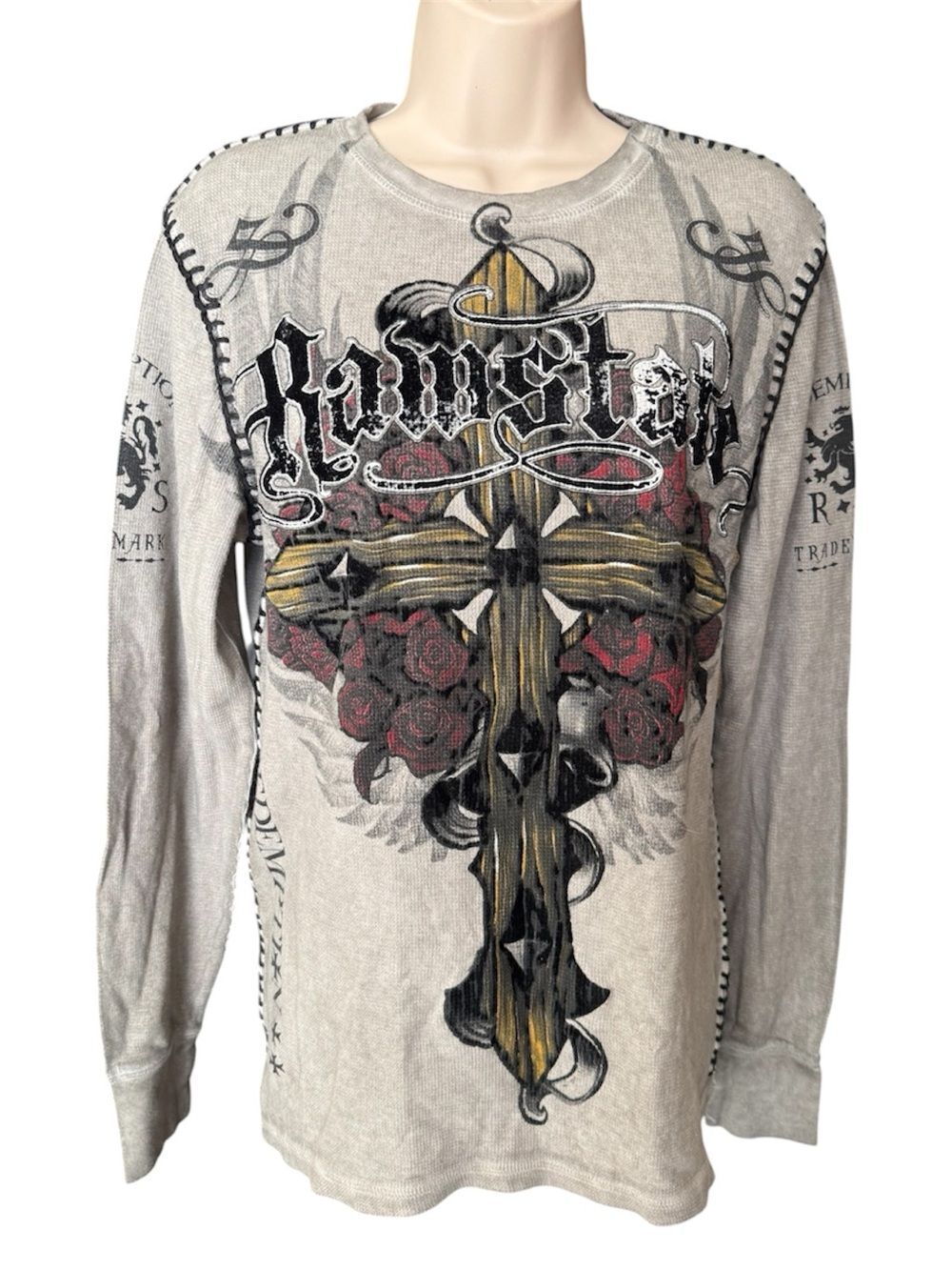 Raw State "Redemption" long-sleeve  thermal gray black Bold Stitch cross roses